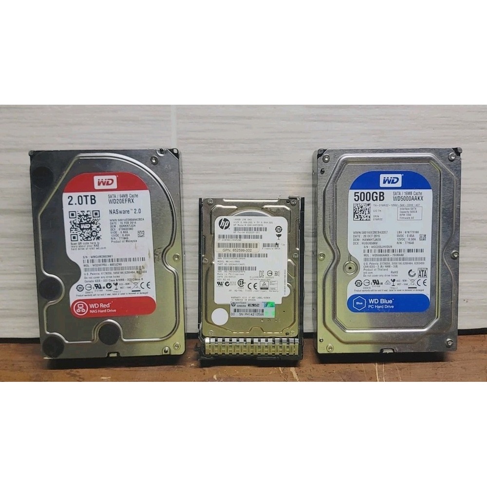 Lot of 3 Hard Drives WD Red 2TB WD Blue 500GB HP 146GB SAS Untested